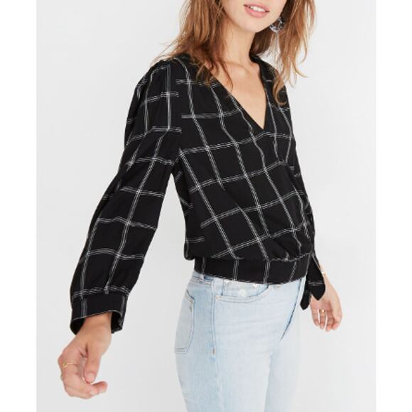 MADEWELL Women's Balsam Plaid Black Window Pane Wrap Top XS FALL - Picture 2 of 7